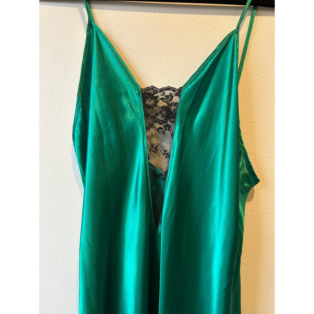 Emerald Green Satin Slip Dress Lace Insert Cami Maxi Dress L